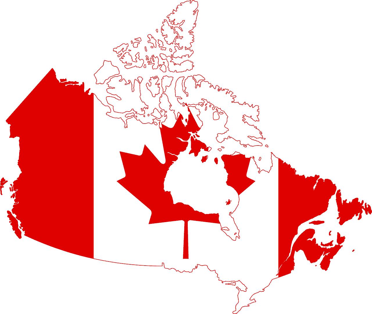 Canada flag map illustration highlighting the country's shape with a maple leaf in the center.
