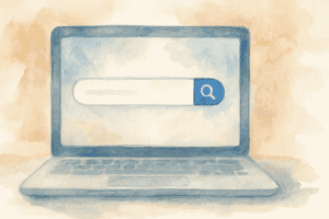 Watercolor painting of a laptop with a search bar on the screen.