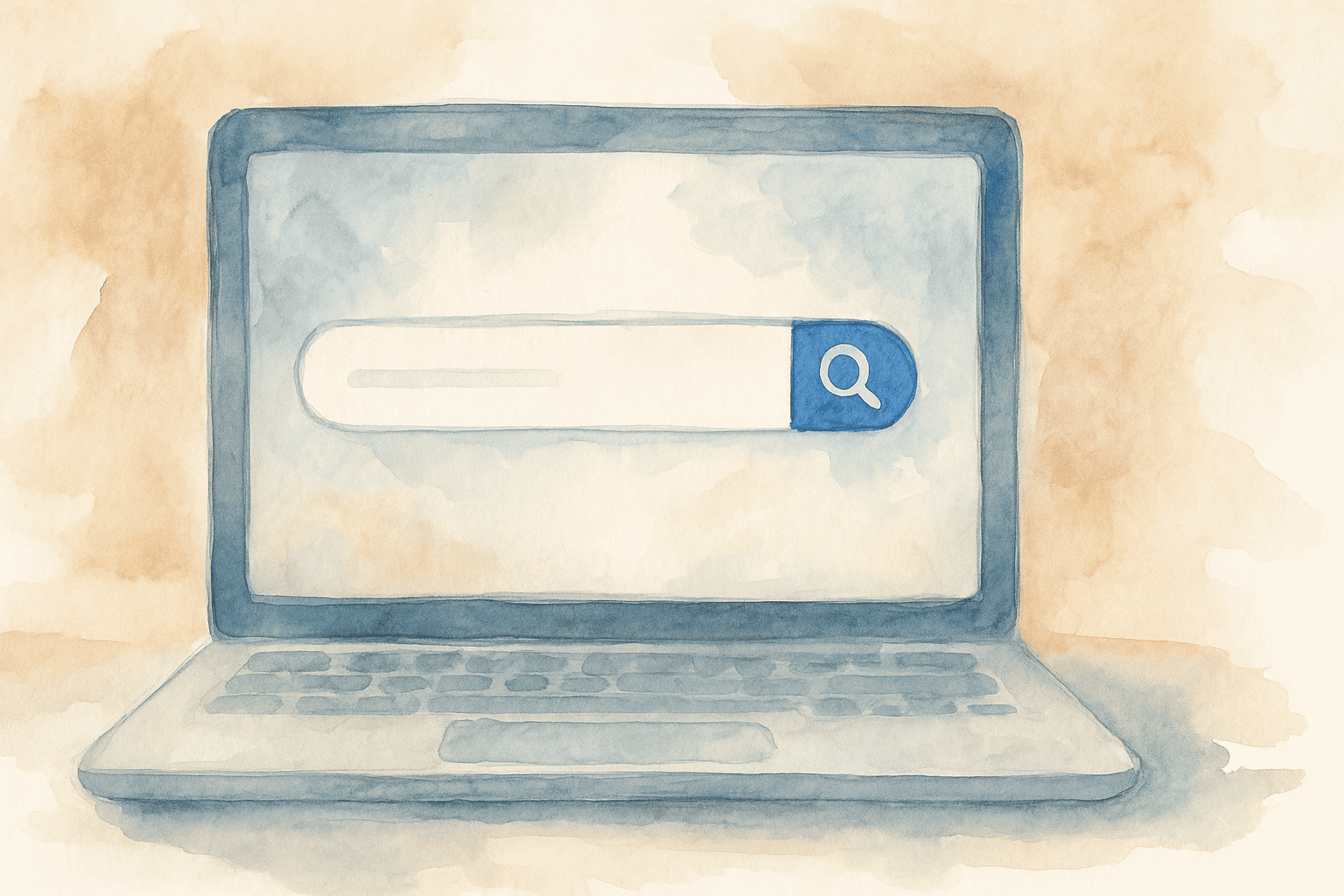 Watercolor painting of a laptop with a search bar on the screen.