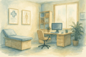 Modern chiropractic clinic room with exam table and computer setup.