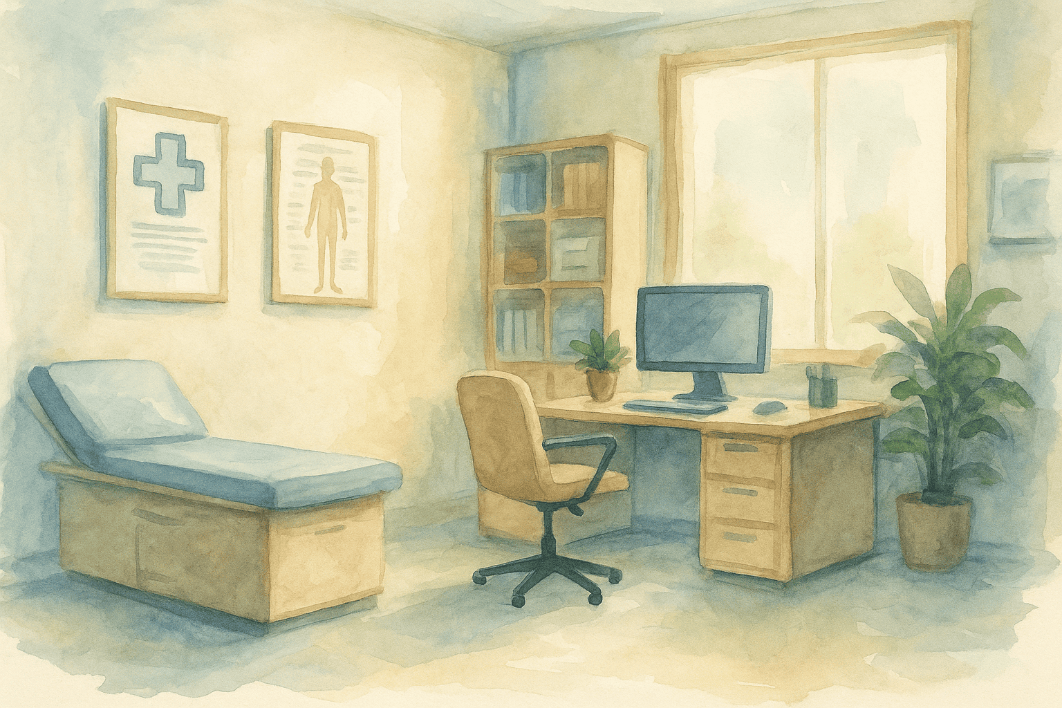 Modern chiropractic clinic room with exam table and computer setup.