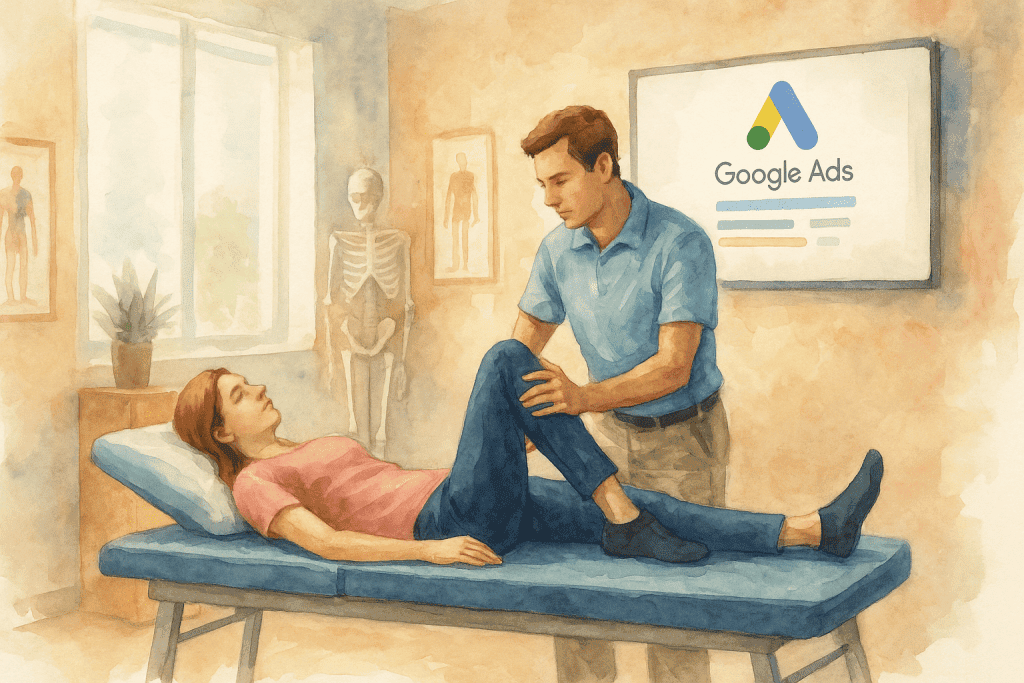 Chiropractor examining patient with Google Ads logo in background.