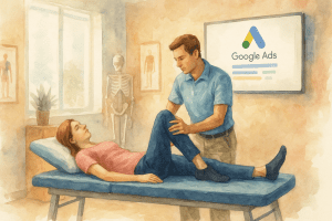 Chiropractor examining patient with Google Ads logo in background.